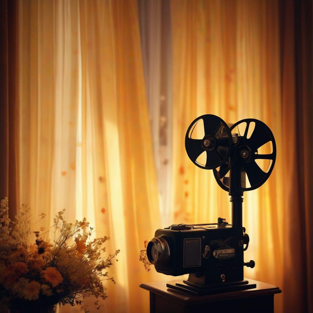 A captivating scene featuring a vintage film projector casting golden light onto a silken curtain, with silhouettes of iconic romantic movie couples in the background. Vibrant petals scattered around and soft, warm glows enhance the allure of adult cinema. Subtle elements like film reels and popcorn hint at a cinematic experience. The atmosphere is intimate and inviting, drawing viewers into the charm of film. super-realistic. warm colors. soft focus.